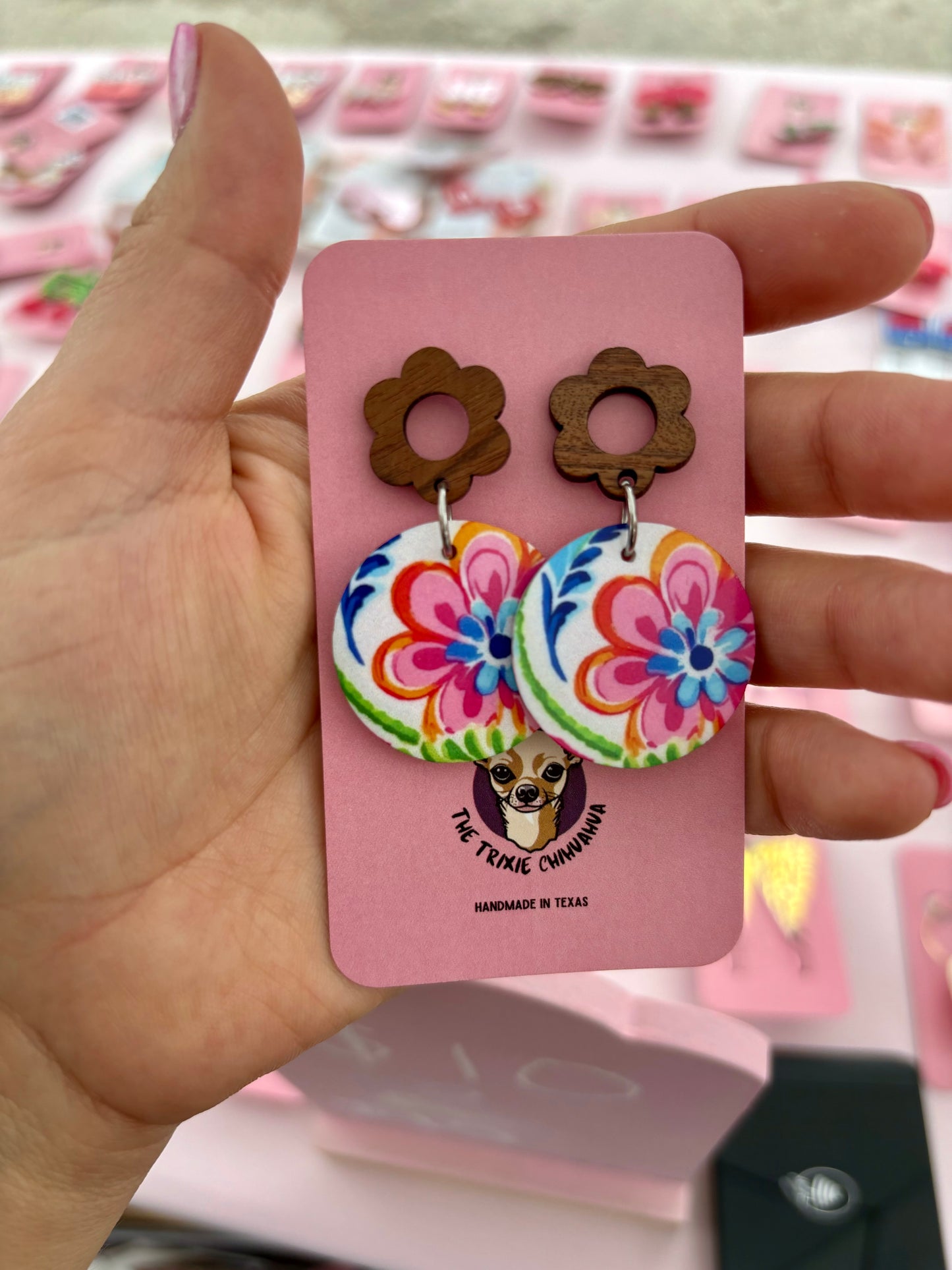 Wood Flower Preppy Print Earrings